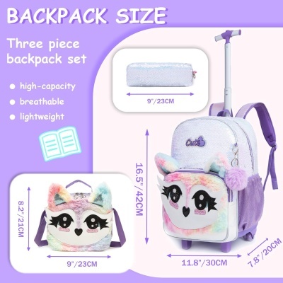 Conjunto mochila de três peças lilás com rosto de coruja colorida e alça telescópica