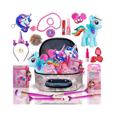 Conjunto de brinquedos e acessórios de unicórnio coloridos com mala temática.