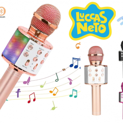 Microfone de karaoke colorido com texto Luccas Neto e ícones de funções à volta