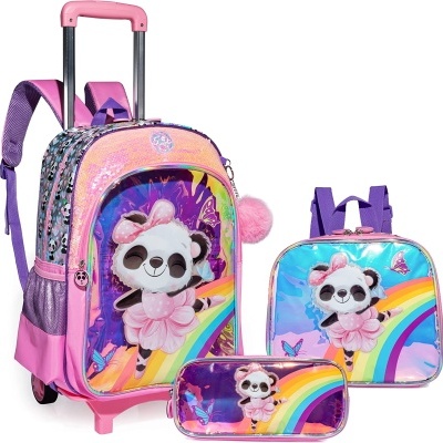 Conjunto escolar com mala de rodinhas, mochila e estojo com padrão de arco-íris, borboletas e panda 3D.