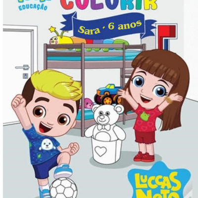 Capa do livro de colorir com crianças animadas no quarto e textos relacionados a Luccas Neto