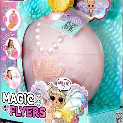 Brinquedo LOL Surprise Magic Flyers com embalagem azul e rosa e invólucro rosa oval com decoração