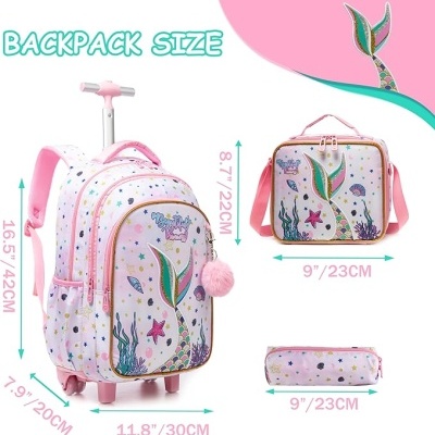 Mochila rosa com padrão de sereia, estojo e bolsa térmica