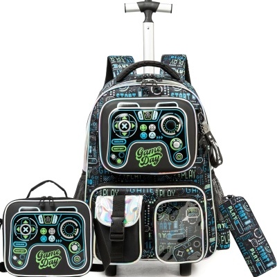 Mochila com carrinho, lancheira e estojo com padrão de videojogos e frase 'Game Day'
