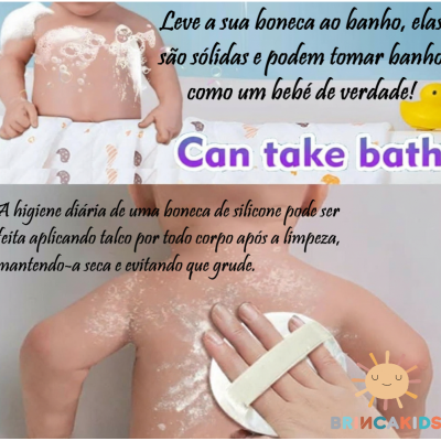 Boneca de silicone com sabão e aplicação de pó branco, texto em português e inglês sobre cuidados