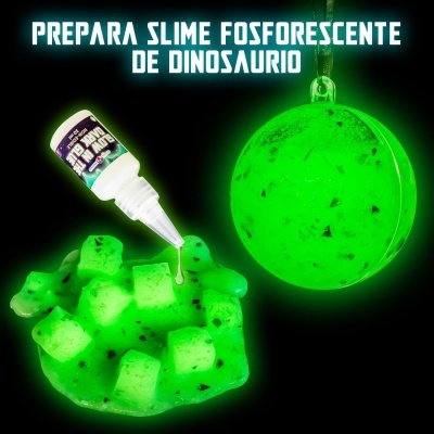Slime verde fosforescente com frasco de cola e esfera pendurada