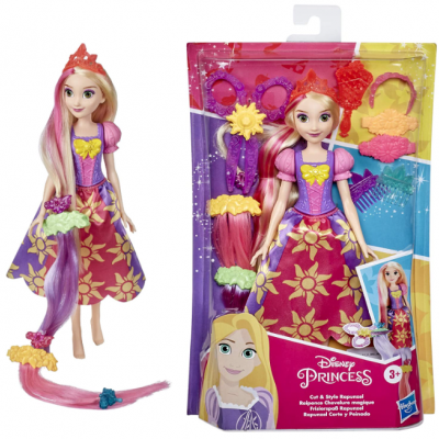 Boneca Disney Rapunzel com vestido rosa e roxo, cabelo longo e acessórios