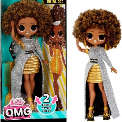 Boneca LOL O.M.G. Royal Bee com cabelo encaracolado castanho e roupa prateada e dourada