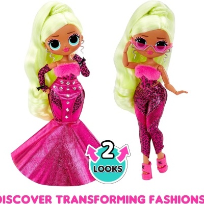 Duas bonecas L.O.L. Surprise com roupas cor-de-rosa e padrão de oncinha roxa