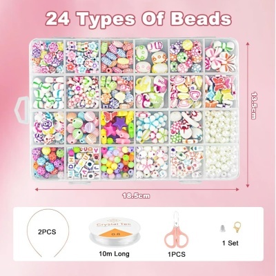 Conjunto de 24 tipos de contas coloridas organizadas em caixa com acessórios para bijuteria