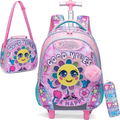 Mochila de carrinho rosa com personagem de flor sorridente e lancheira, estojo combinando