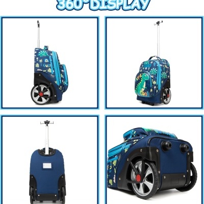 Mochila trolley azul com padrão de dinossauros e rodas grandes