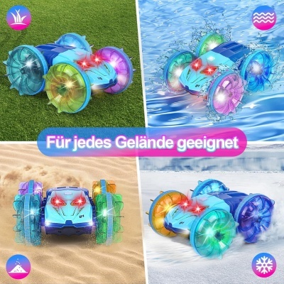 Veículo de brinquedo com rodas coloridas e luzes em vários terrenos