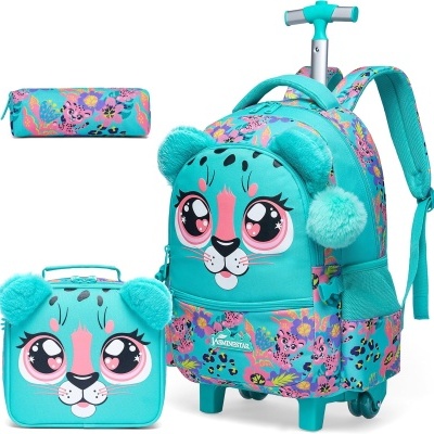 Conjunto mochila com carrinho e estojo azul-turquesa com padrão de flores e rosto de tigre