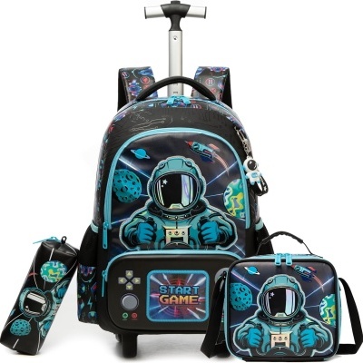 Conjunto escolar com tema de astronauta e videogame em azul e preto.
