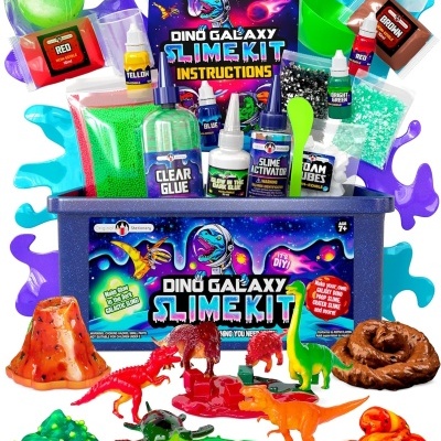Kit Dino Galaxy Slime Kit com vários materiais para fazer slime e figuras de dinossauros