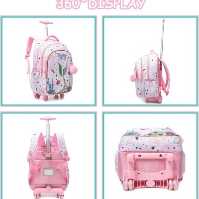 Mochila de carrinho infantil rosa com padrão de sereia e estrelas coloridas