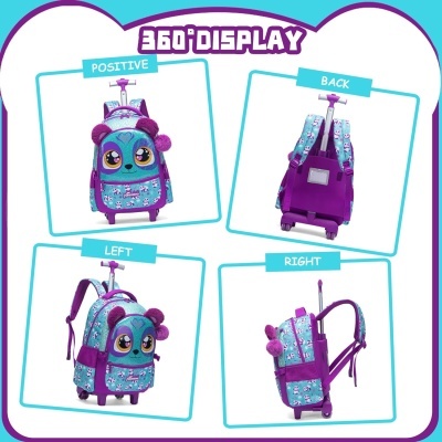 Mochila infantil azul claro e roxa com padrão de personagens e olhos grandes vista de quatro ângulos