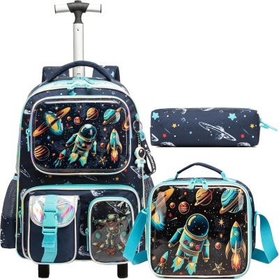 Conjunto de mochila, bolsa isotérmica e estojo azul com estampado espacial colorido.