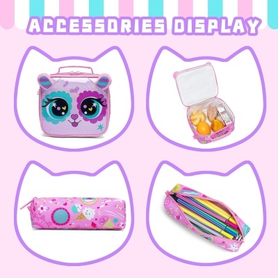 Conjunto cor-de-rosa de acessórios escolares com lancheira e estojo, padrão de estrelas e planeta, rosto de panda