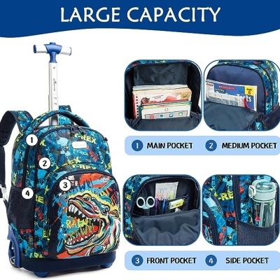 Mochila com rodinhas azul com padrão dinossauro colorido e vários bolsos visíveis