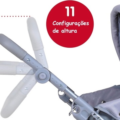 Punho ajustável de carrinho de bebé cinzento com indicação de configurações de altura