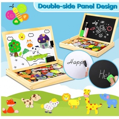 Conjunto de brinquedo educativo com painel duplo, peças magnéticas coloridas e quadro branco e negro