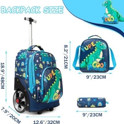 Mochila azul com carrinho e design de dinossauro
