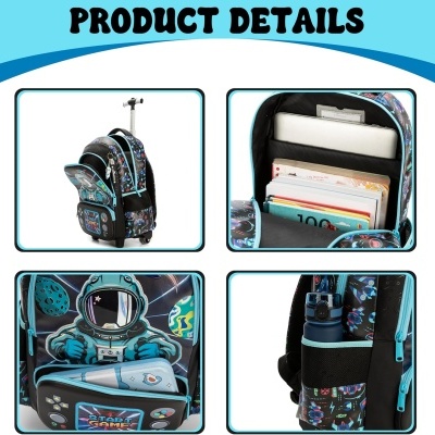 Mochila com rodinhas azul preto astronauta com vários compartimentos