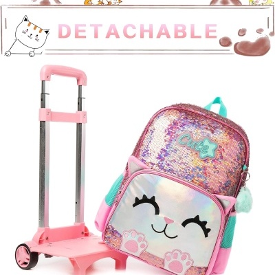 Mochila infantil rosa com design de gato e trolley removível