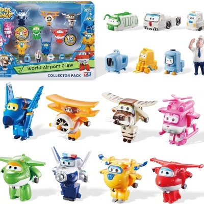 Conjunto de figuras Super Wings em várias cores com caixa azul