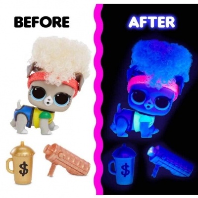 Figura de cão e acessórios com efeito antes e depois sob luz UV