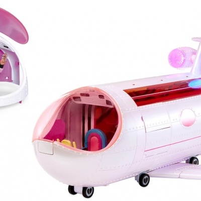 Brinquedo avião branco e rosa com boneca e hangar em plástico