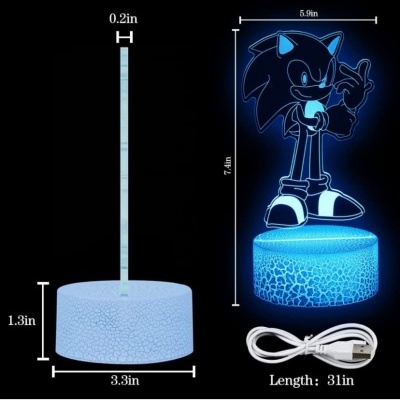 Luminária do personagem Sonic azul com base redonda azul clara texturizada e cabo USB branco