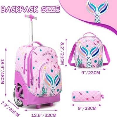 Mochila escolar rosa com desenho de cauda de sereia, rodinhas e acessórios