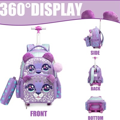 Mochila de criança lilás com rosto de animal e estojo, vista em 360° com texto