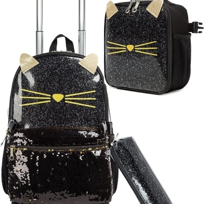 Conjunto de malas infantis com tema de gato preto brilhante