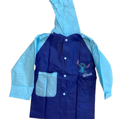 Casaco de chuva azul claro e escuro com figura do Stitch e capuz
