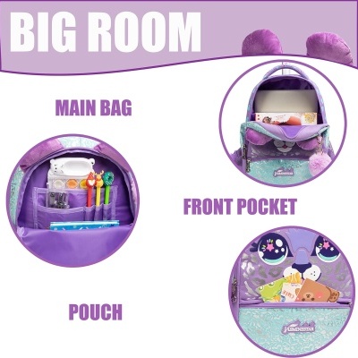 Mochila roxa infantil com design de coelho e vários compartimentos