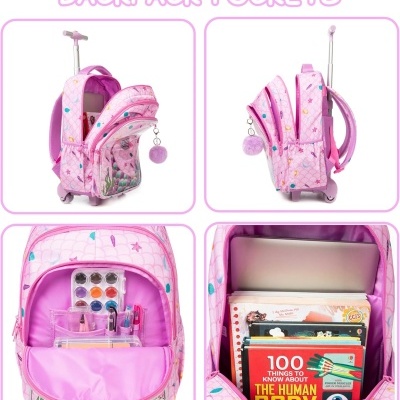 Mochila rosa com compartimentos abertos mostrados com material escolar e livros