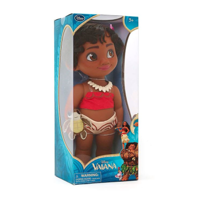 Boneca Disney Vaiana em caixa azul com boneca de pele castanha e roupa vermelha e bege.