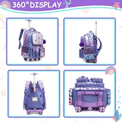 Mochila de rodinhas lilás estampada com conchas e estrelas do mar