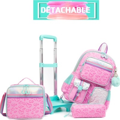 Conjunto de mochila rosa com padrão de corações e estojo, com estrutura de suporte azul turquesa para transporte