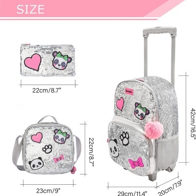 Conjunto de malas prateadas com lantejoulas e adesivos de panda