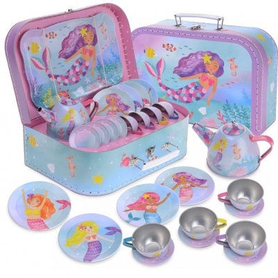 Conjunto de chá infantil decorado com sereias e estrelas do mar em caixa metálica colorida azul e lilás