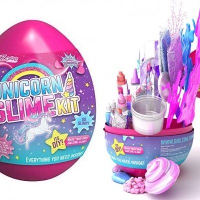 Kit de Slime Unicórnio em forma de ovo roxo e rosa com acessórios dentro