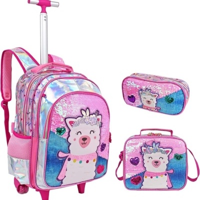 Conjunto escolar rosa com lhama e corações coloridos