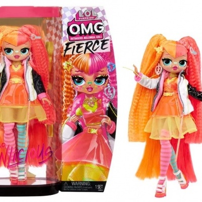 Boneca LOL Surprise OMG Fierce com cabelo laranja e rosa em embalagem transparente e caixa colorida