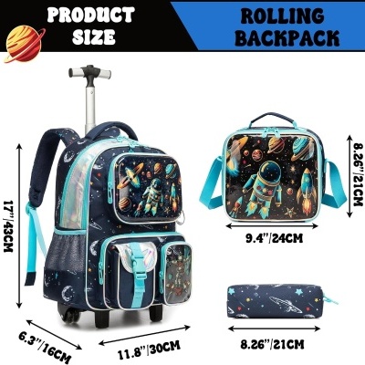 Mochila de rodinhas, bolsa e estojo com padrão espacial azul e preto.