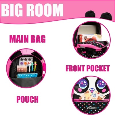 Mochila preto e rosa JINGXINGSTAR com compartimentos abertos mostrando organização interna e texto explicativo